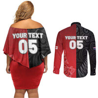 New Zealand And England Rugby Custom Couples Matching Off Shoulder Short Dress and Long Sleeve Button Shirt Red Rose Mix Maori Pattern - Polynesian Pride