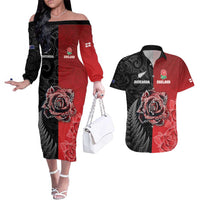 New Zealand And England Rugby Custom Couples Matching Off The Shoulder Long Sleeve Dress and Hawaiian Shirt Red Rose Mix Maori Pattern - Polynesian Pride