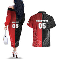 New Zealand And England Rugby Custom Couples Matching Off The Shoulder Long Sleeve Dress and Hawaiian Shirt Red Rose Mix Maori Pattern - Polynesian Pride