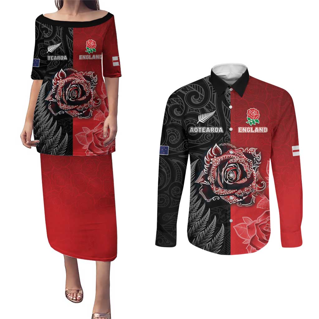 New Zealand And England Rugby Custom Couples Matching Puletasi and Long Sleeve Button Shirt Red Rose Mix Maori Pattern LT05 Black - Polynesian Pride