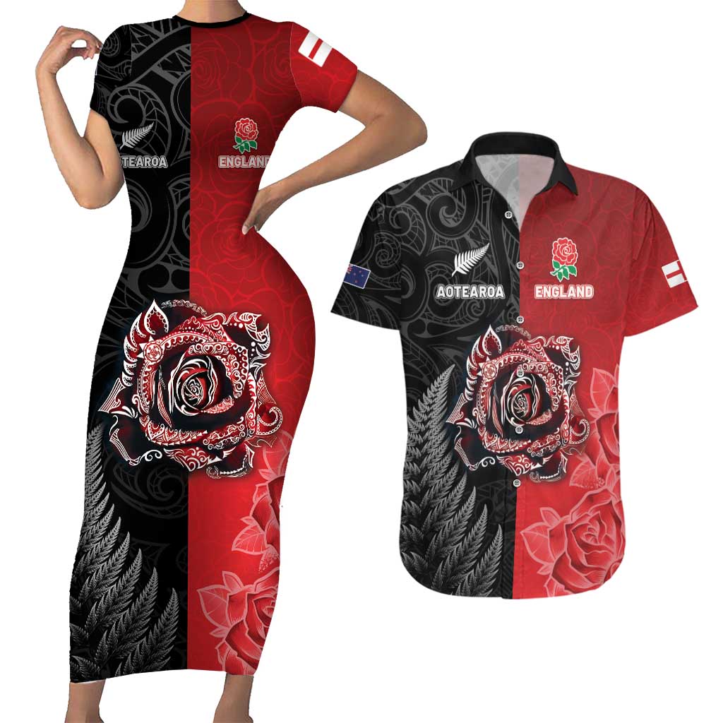 New Zealand And England Rugby Custom Couples Matching Short Sleeve Bodycon Dress and Hawaiian Shirt Red Rose Mix Maori Pattern LT05 Black - Polynesian Pride