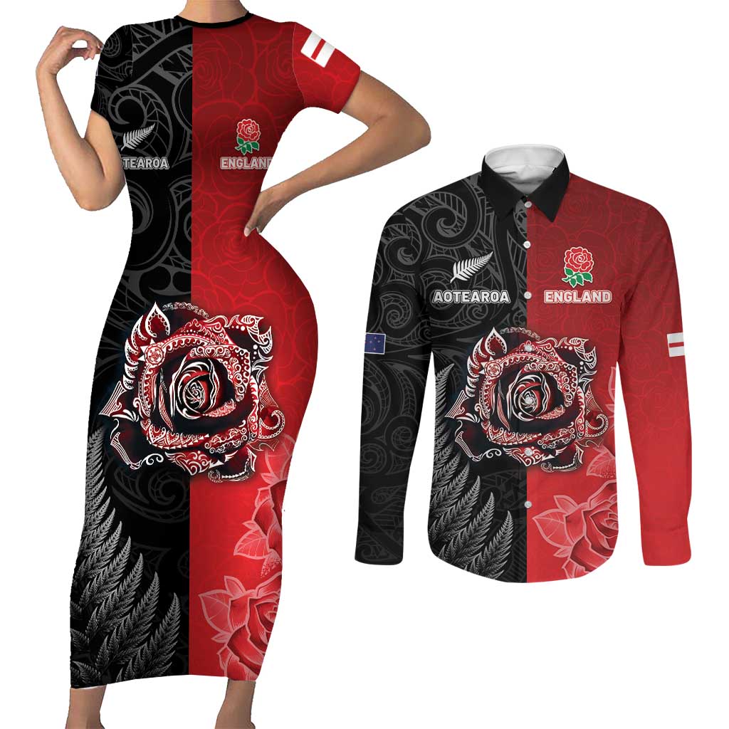 New Zealand And England Rugby Custom Couples Matching Short Sleeve Bodycon Dress and Long Sleeve Button Shirt Red Rose Mix Maori Pattern LT05 Black - Polynesian Pride