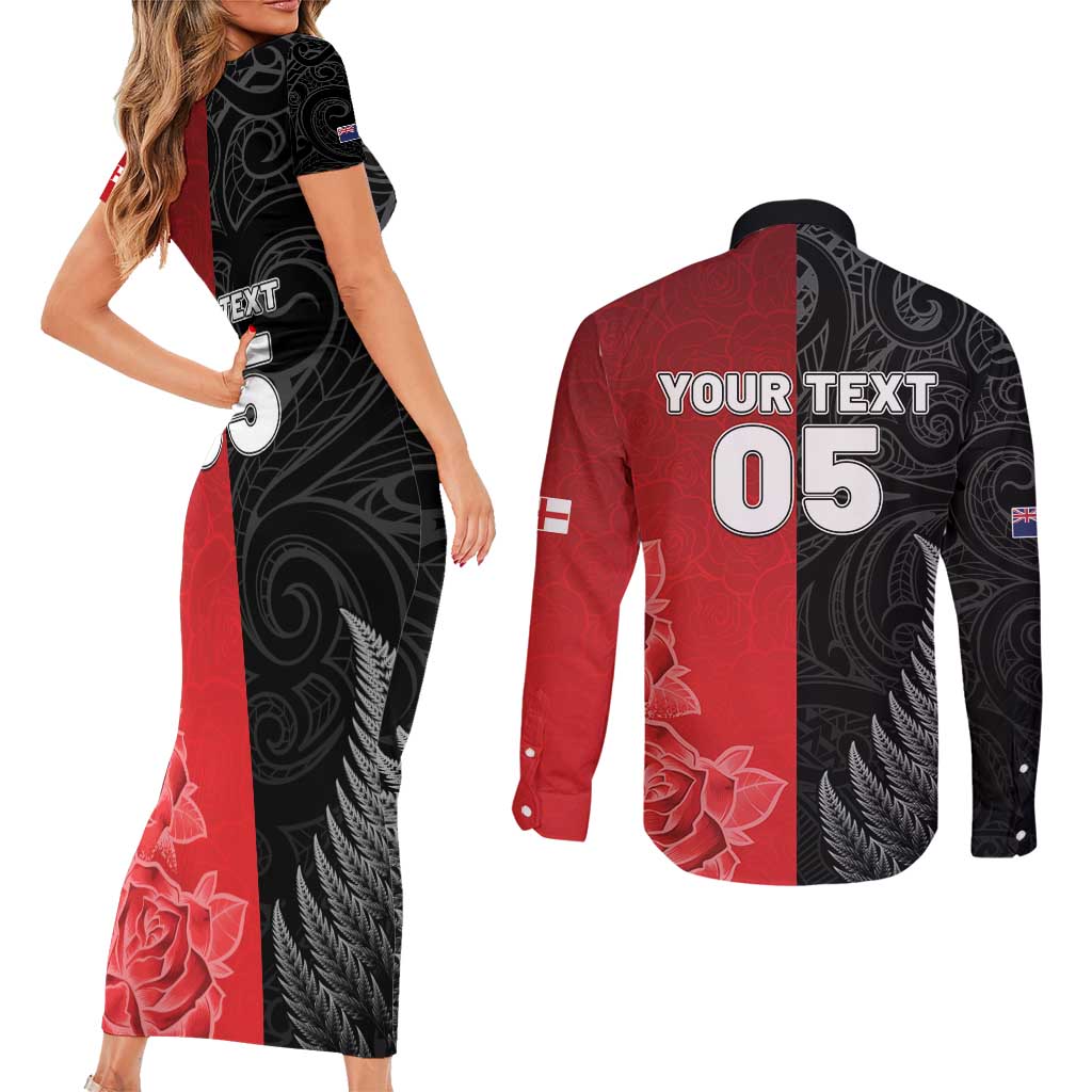 New Zealand And England Rugby Custom Couples Matching Short Sleeve Bodycon Dress and Long Sleeve Button Shirt Red Rose Mix Maori Pattern - Polynesian Pride