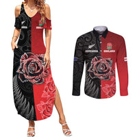New Zealand And England Rugby Custom Couples Matching Summer Maxi Dress and Long Sleeve Button Shirt Red Rose Mix Maori Pattern - Polynesian Pride