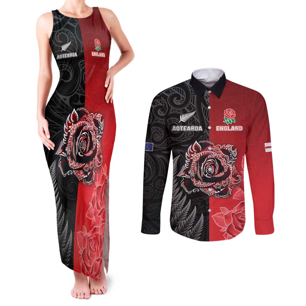 New Zealand And England Rugby Custom Couples Matching Tank Maxi Dress and Long Sleeve Button Shirt Red Rose Mix Maori Pattern LT05 Black - Polynesian Pride