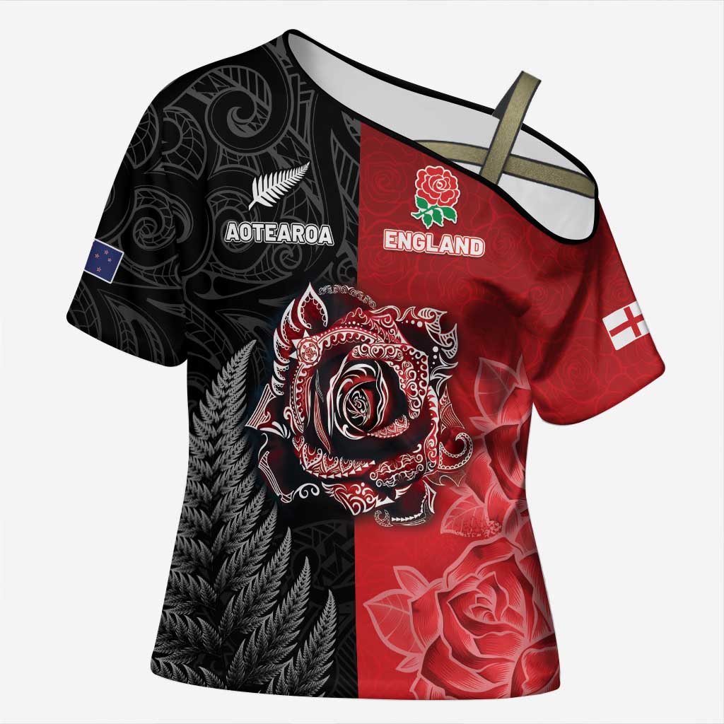New Zealand And England Rugby Custom Cross Shoulder Shirt Red Rose Mix Maori Pattern LT05 Female Black - Polynesian Pride