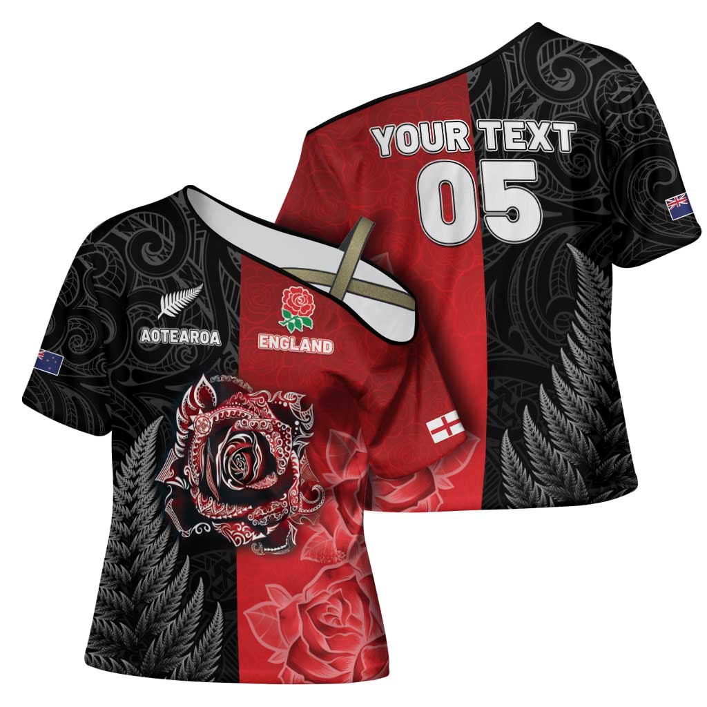 New Zealand And England Rugby Custom Cross Shoulder Shirt Red Rose Mix Maori Pattern - Polynesian Pride