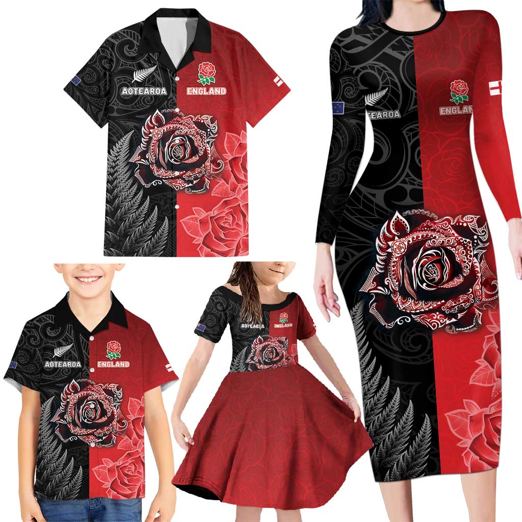 New Zealand And England Rugby Custom Family Matching Long Sleeve Bodycon Dress and Hawaiian Shirt Red Rose Mix Maori Pattern - Polynesian Pride