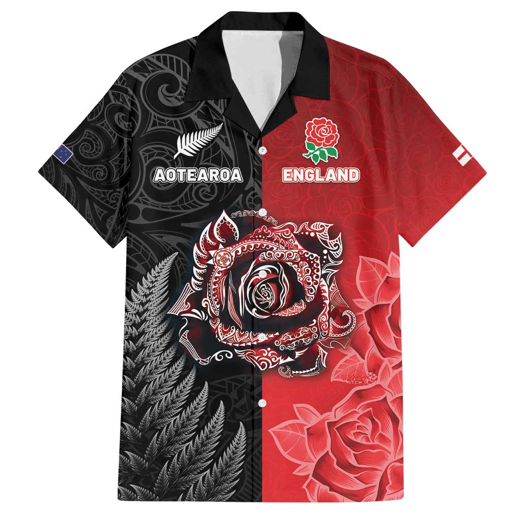 New Zealand And England Rugby Custom Family Matching Long Sleeve Bodycon Dress and Hawaiian Shirt Red Rose Mix Maori Pattern - Polynesian Pride