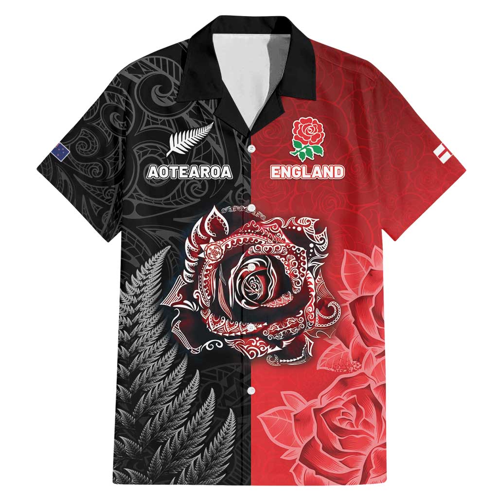 New Zealand And England Rugby Custom Family Matching Mermaid Dress and Hawaiian Shirt Red Rose Mix Maori Pattern - Polynesian Pride