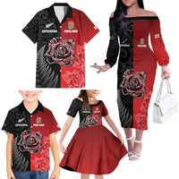 New Zealand And England Rugby Custom Family Matching Off The Shoulder Long Sleeve Dress and Hawaiian Shirt Red Rose Mix Maori Pattern - Polynesian Pride