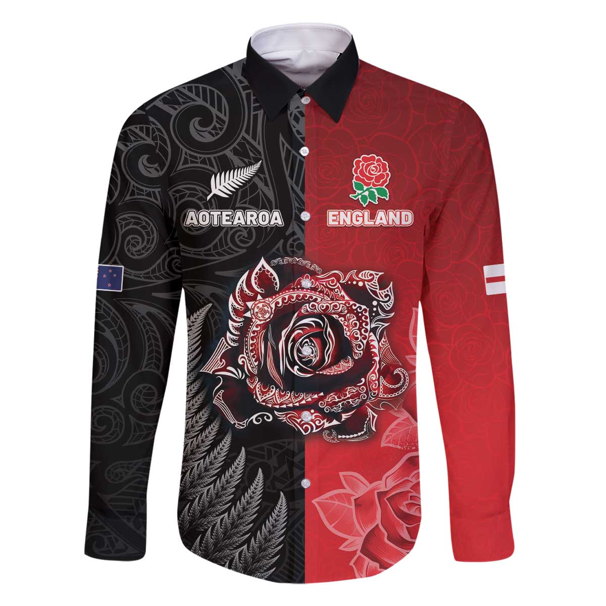 New Zealand And England Rugby Custom Family Matching Off The Shoulder Long Sleeve Dress and Hawaiian Shirt Red Rose Mix Maori Pattern - Polynesian Pride