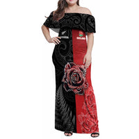 New Zealand And England Rugby Custom Family Matching Off Shoulder Maxi Dress and Hawaiian Shirt Red Rose Mix Maori Pattern - Polynesian Pride