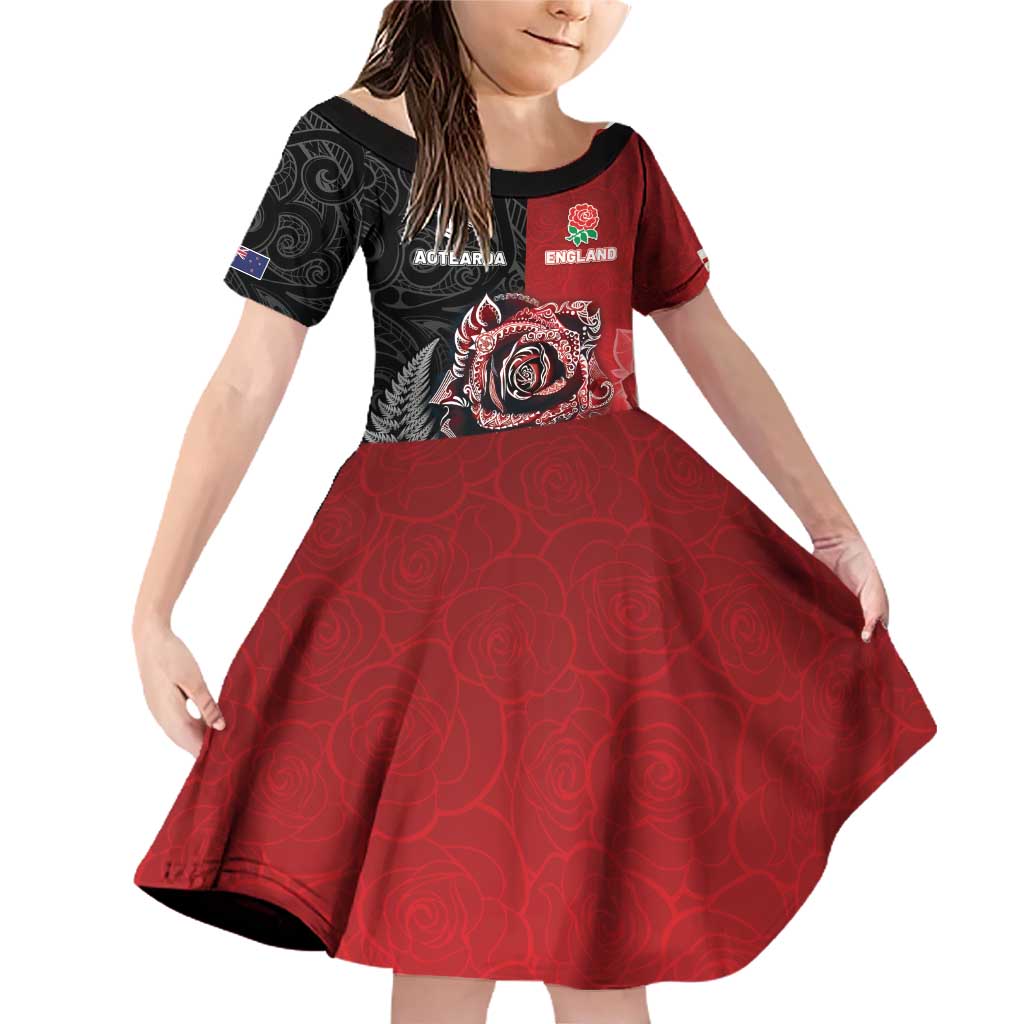 New Zealand And England Rugby Custom Family Matching Off Shoulder Short Dress and Hawaiian Shirt Red Rose Mix Maori Pattern - Polynesian Pride