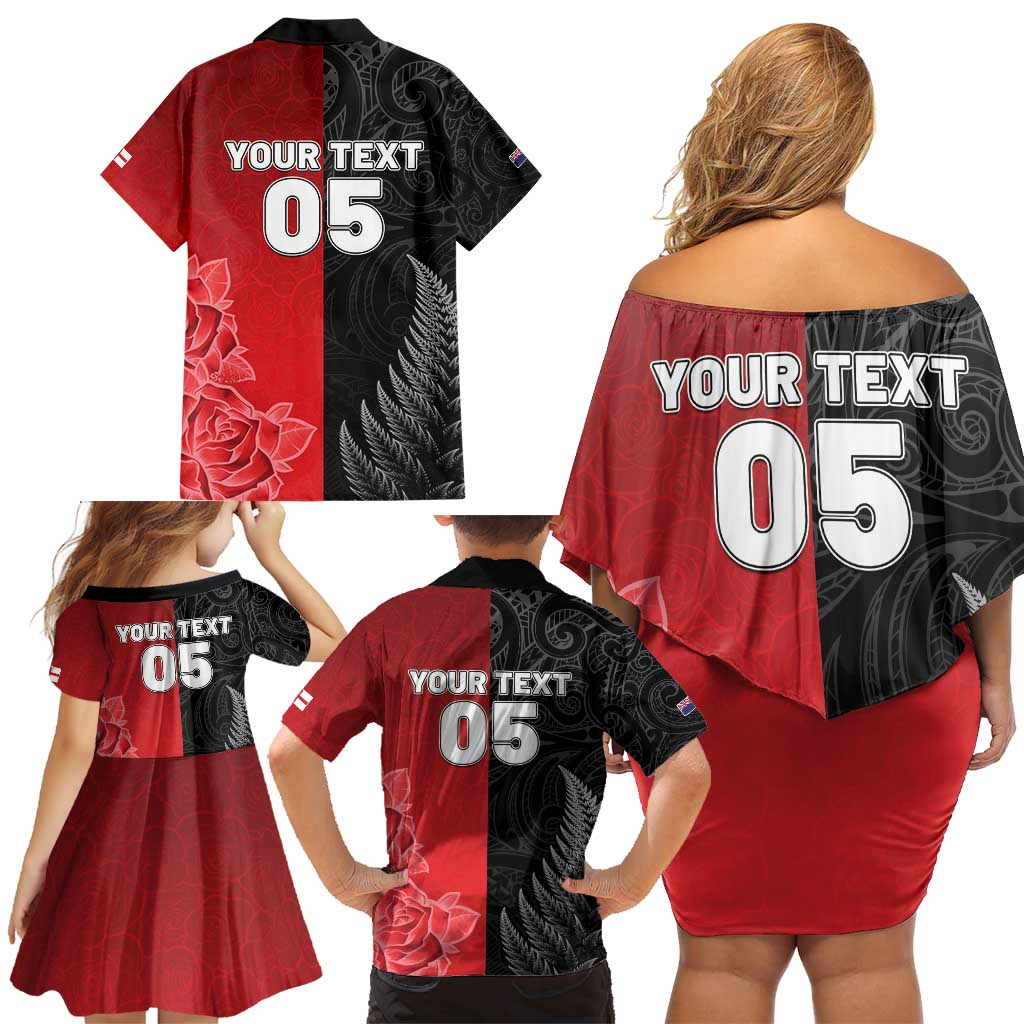 New Zealand And England Rugby Custom Family Matching Off Shoulder Short Dress and Hawaiian Shirt Red Rose Mix Maori Pattern - Polynesian Pride