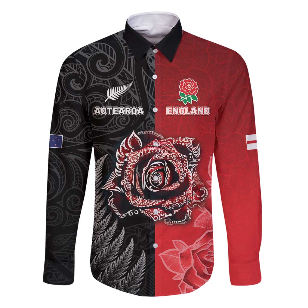 New Zealand And England Rugby Custom Family Matching Off Shoulder Short Dress and Hawaiian Shirt Red Rose Mix Maori Pattern - Polynesian Pride