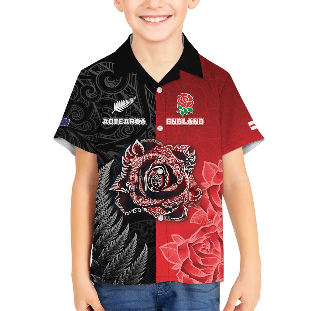 New Zealand And England Rugby Custom Family Matching Off Shoulder Short Dress and Hawaiian Shirt Red Rose Mix Maori Pattern - Polynesian Pride