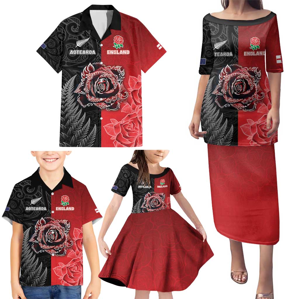 New Zealand And England Rugby Custom Family Matching Puletasi and Hawaiian Shirt Red Rose Mix Maori Pattern - Polynesian Pride