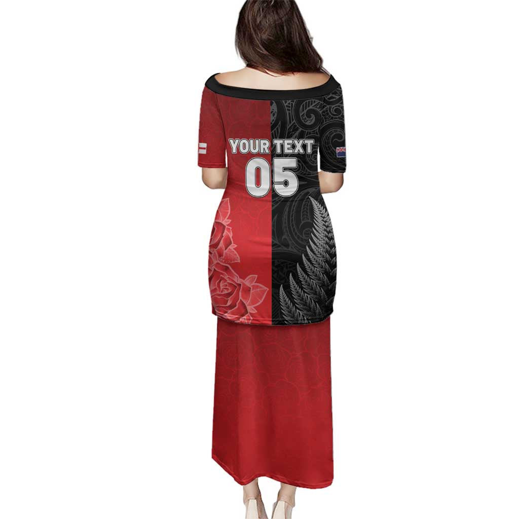 New Zealand And England Rugby Custom Family Matching Puletasi and Hawaiian Shirt Red Rose Mix Maori Pattern - Polynesian Pride