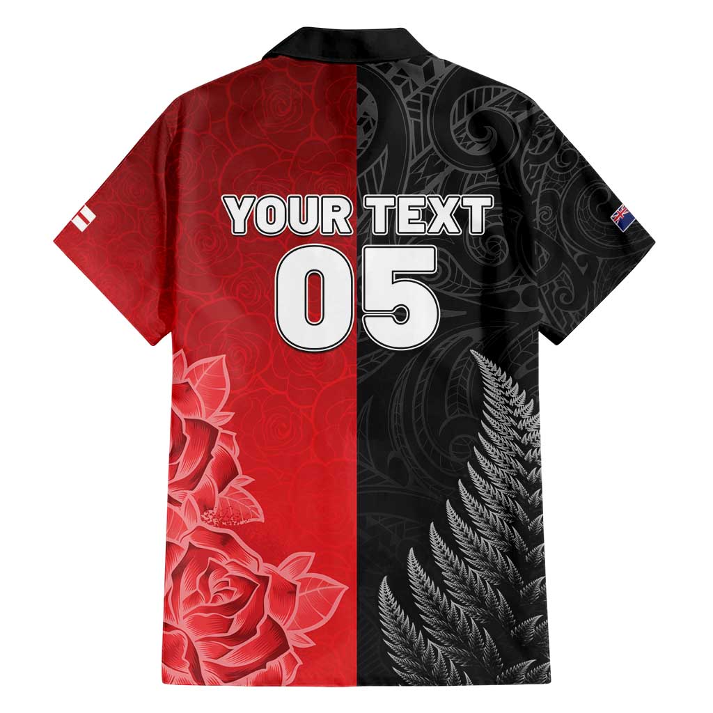 New Zealand And England Rugby Custom Family Matching Short Sleeve Bodycon Dress and Hawaiian Shirt Red Rose Mix Maori Pattern - Polynesian Pride