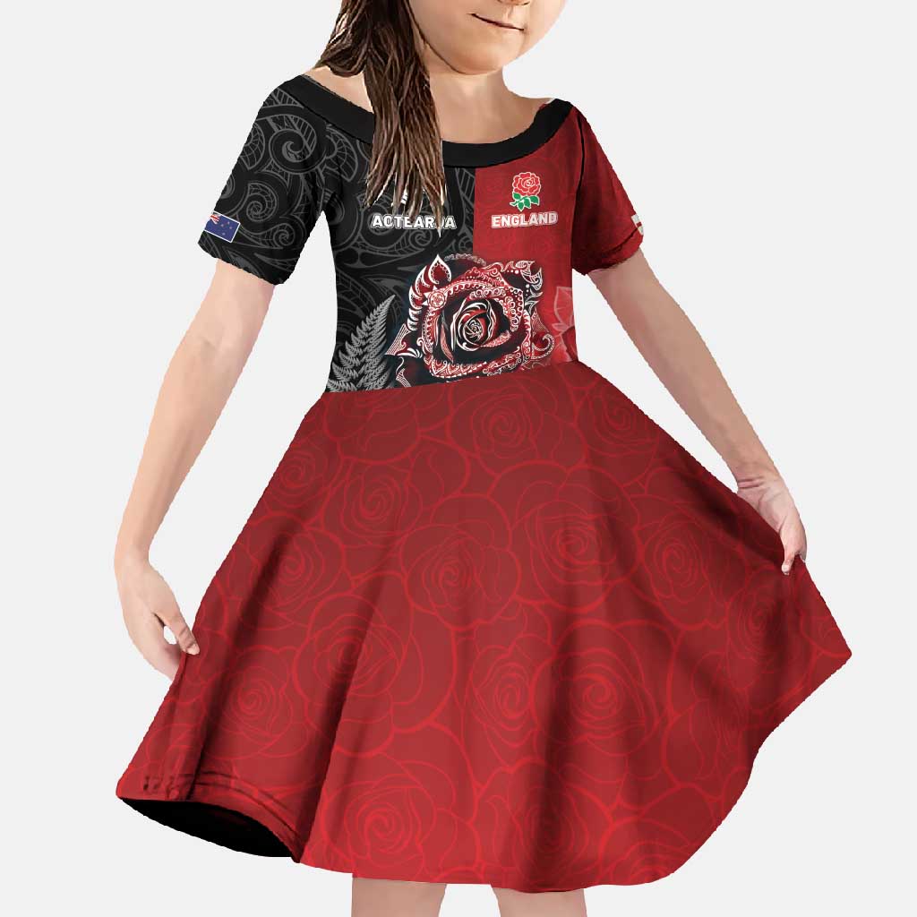 New Zealand And England Rugby Custom Family Matching Tank Maxi Dress and Hawaiian Shirt Red Rose Mix Maori Pattern - Polynesian Pride