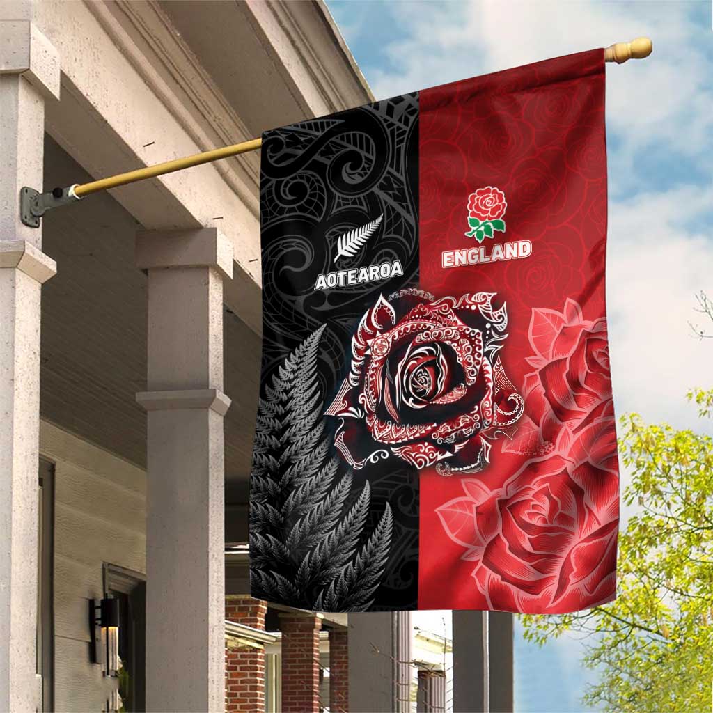 New Zealand And England Rugby Garden Flag Red Rose Mix Maori Pattern LT05 House Flag Black - Polynesian Pride