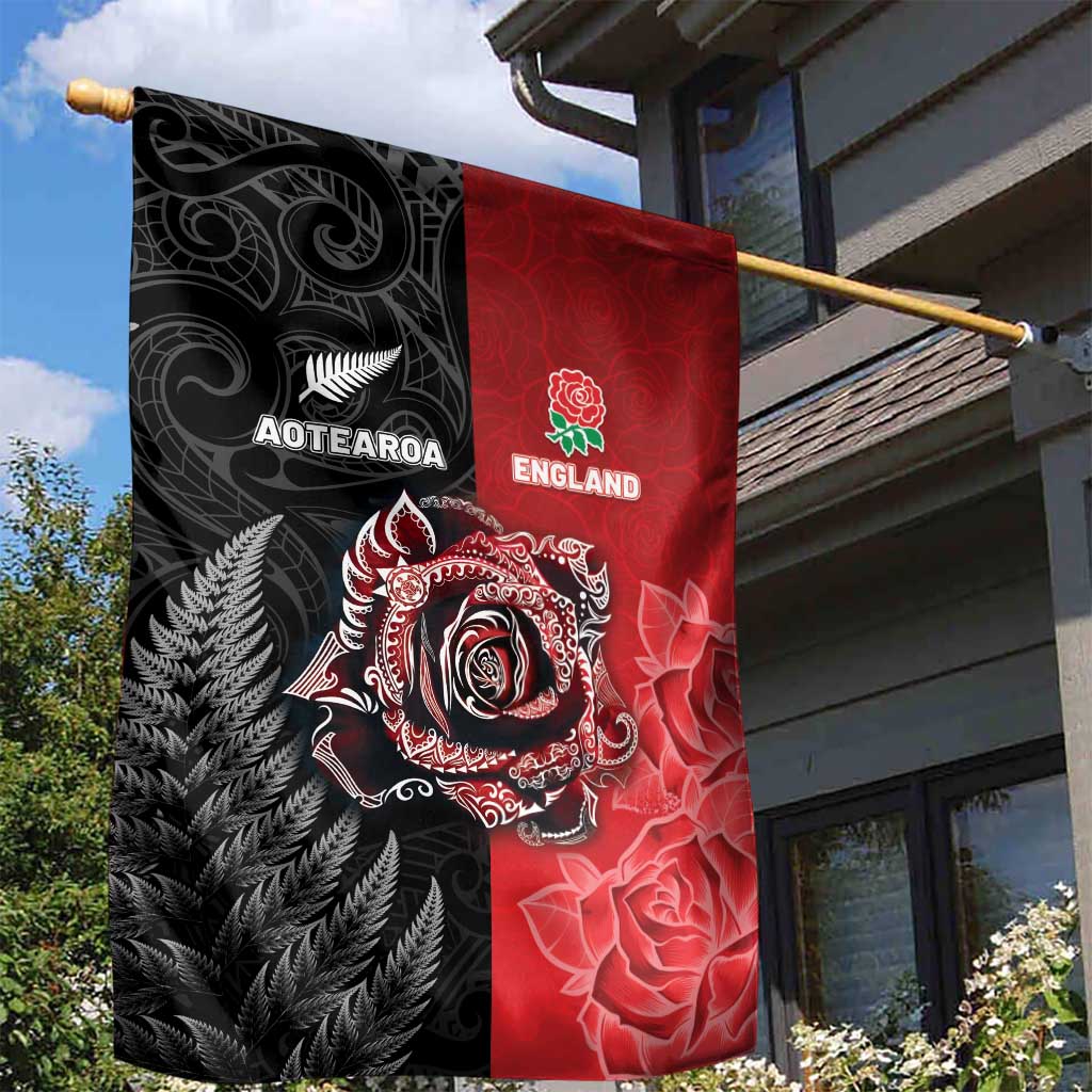New Zealand And England Rugby Garden Flag Red Rose Mix Maori Pattern - Polynesian Pride