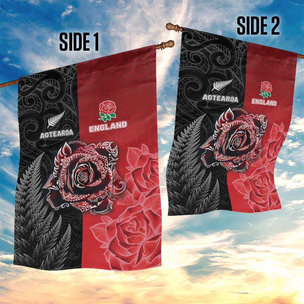 New Zealand And England Rugby Garden Flag Red Rose Mix Maori Pattern - Polynesian Pride