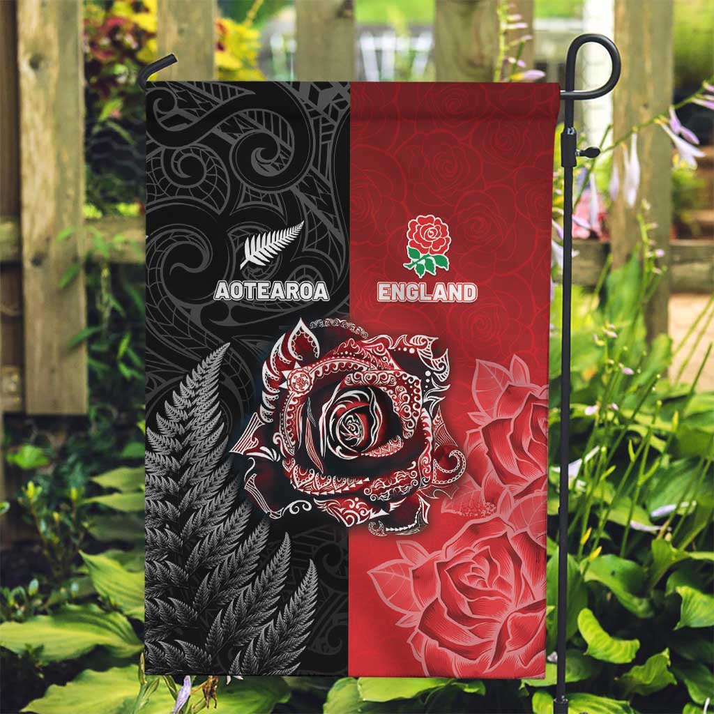New Zealand And England Rugby Garden Flag Red Rose Mix Maori Pattern - Polynesian Pride