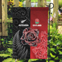 New Zealand And England Rugby Garden Flag Red Rose Mix Maori Pattern - Polynesian Pride