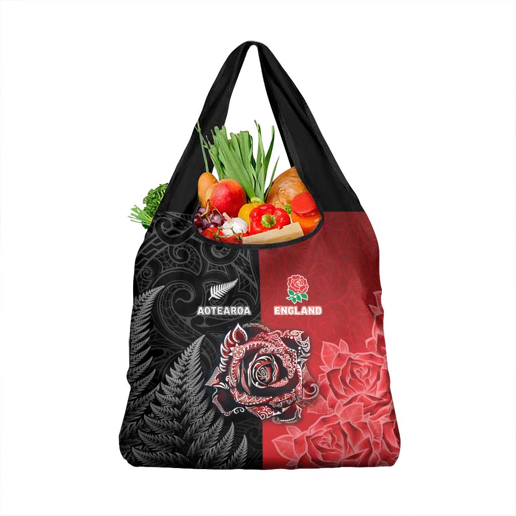 New Zealand And England Rugby Grocery Bag Red Rose Mix Maori Pattern LT05 1-pack One Size Black - Polynesian Pride