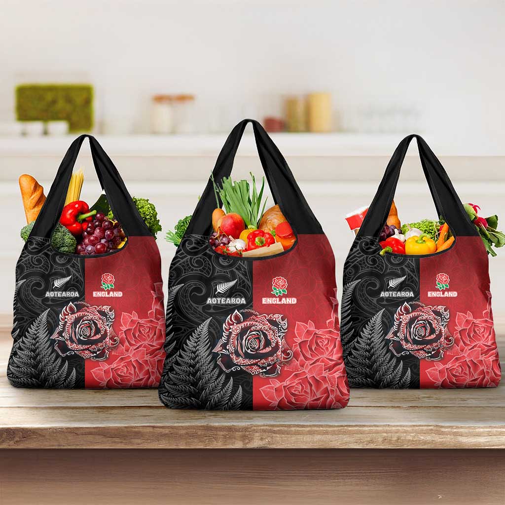 New Zealand And England Rugby Grocery Bag Red Rose Mix Maori Pattern - Polynesian Pride