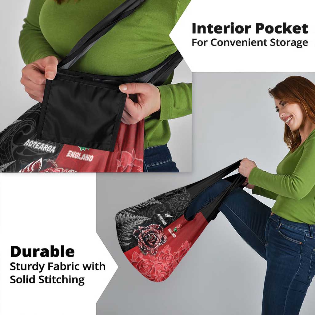 New Zealand And England Rugby Grocery Bag Red Rose Mix Maori Pattern - Polynesian Pride