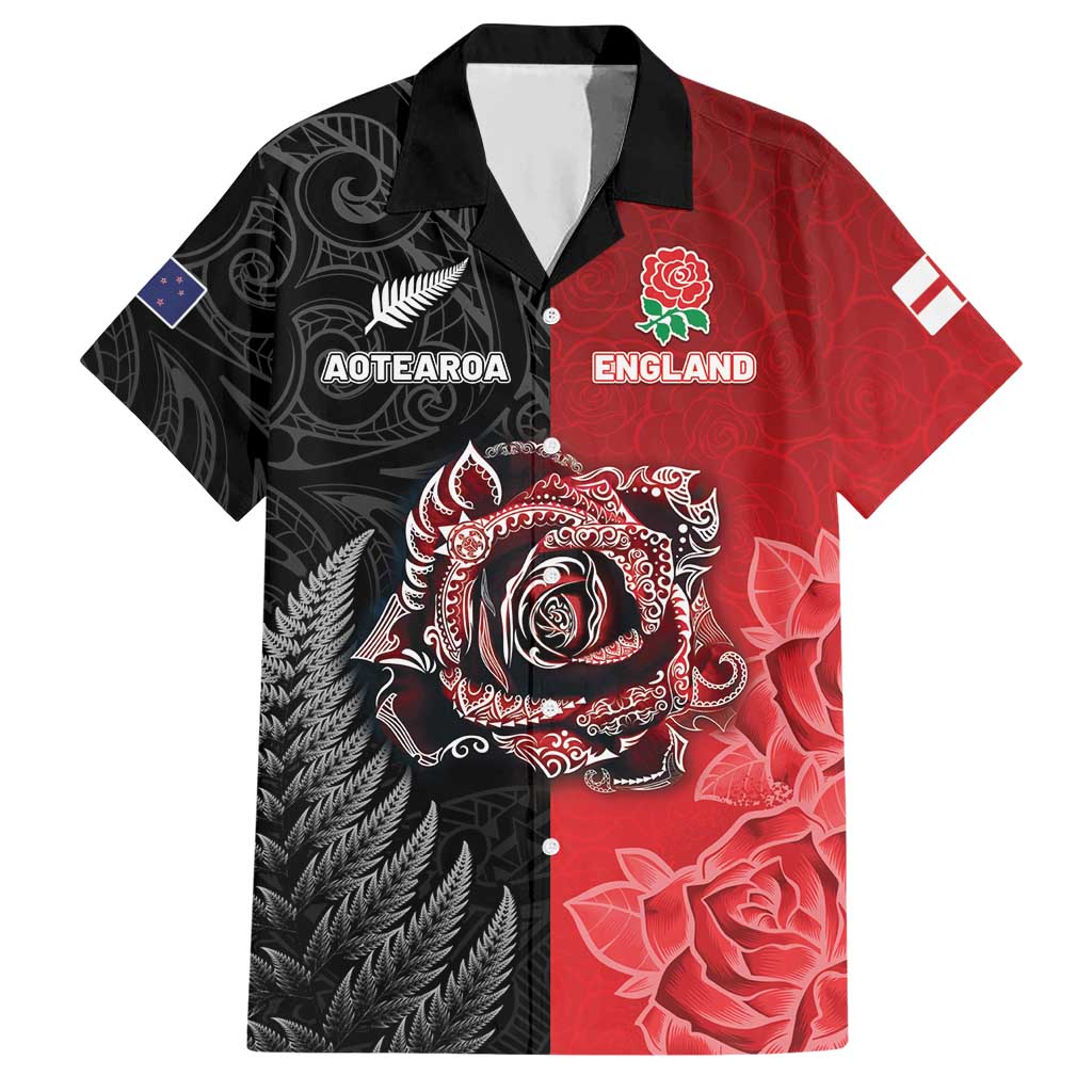 New Zealand And England Rugby Custom Hawaiian Shirt Red Rose Mix Maori Pattern LT05 Black - Polynesian Pride