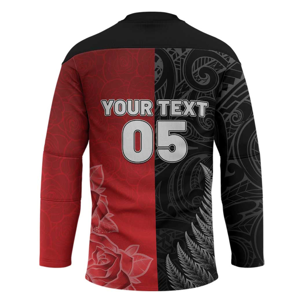 New Zealand And England Rugby Custom Hockey Jersey Red Rose Mix Maori Pattern - Polynesian Pride