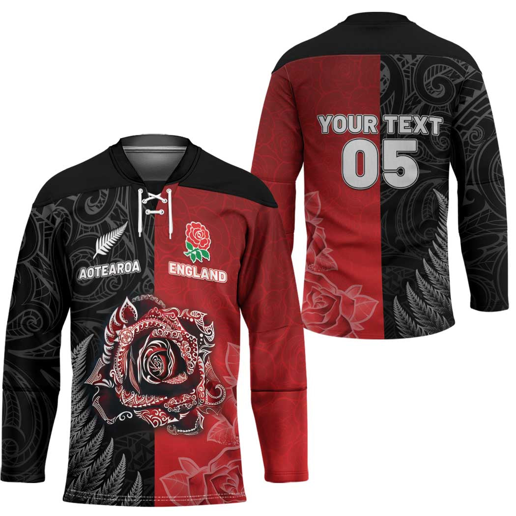 New Zealand And England Rugby Custom Hockey Jersey Red Rose Mix Maori Pattern - Polynesian Pride