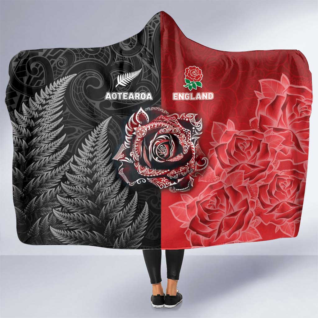 New Zealand And England Rugby Hooded Blanket Red Rose Mix Maori Pattern LT05 One Size Black - Polynesian Pride