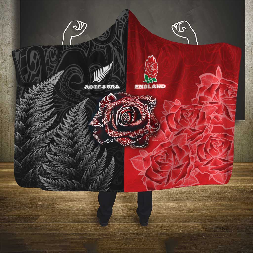 New Zealand And England Rugby Hooded Blanket Red Rose Mix Maori Pattern - Polynesian Pride