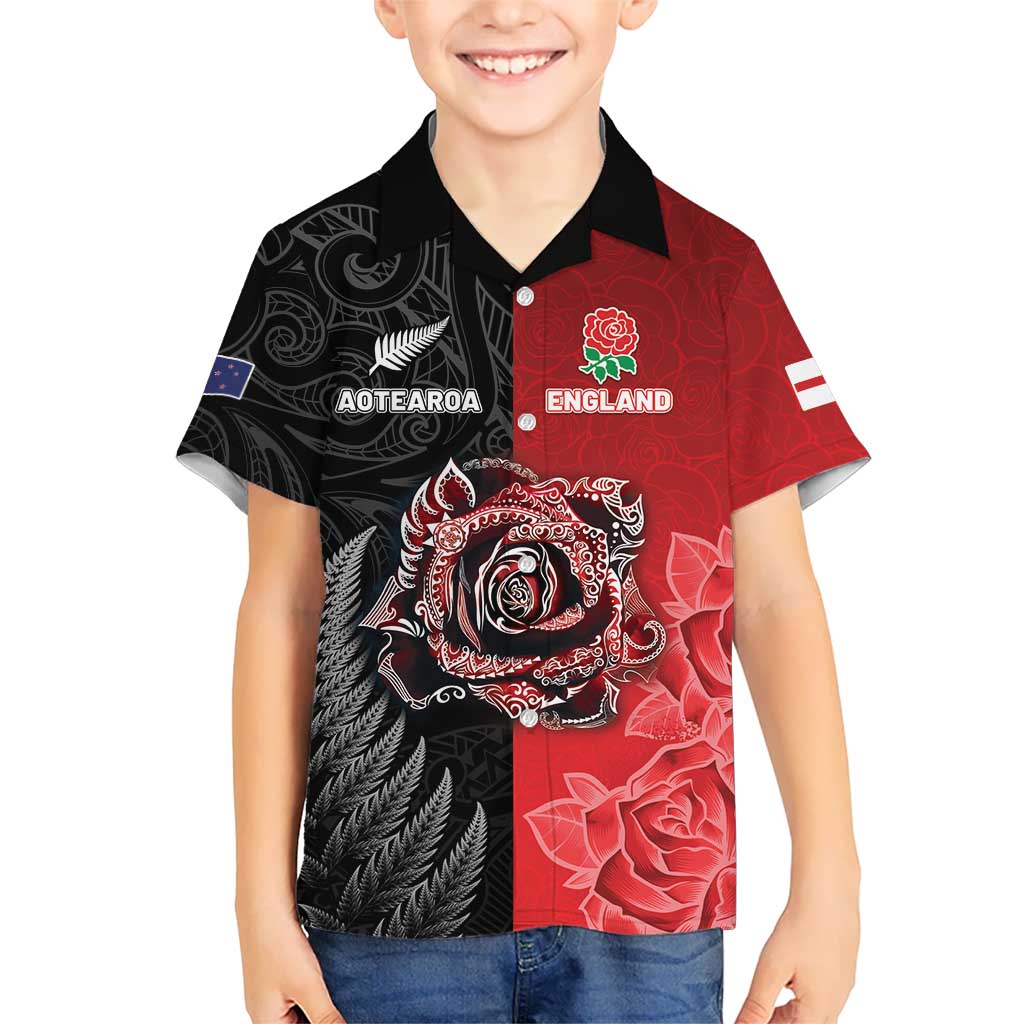 New Zealand And England Rugby Custom Kid Hawaiian Shirt Red Rose Mix Maori Pattern LT05 Kid Black - Polynesian Pride