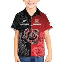 New Zealand And England Rugby Custom Kid Hawaiian Shirt Red Rose Mix Maori Pattern - Polynesian Pride