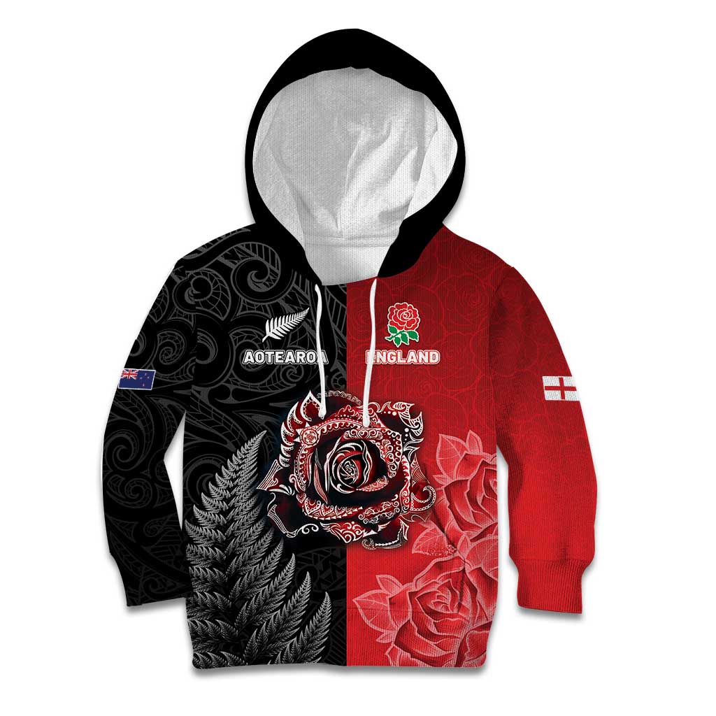 New Zealand And England Rugby Custom Kid Hoodie Red Rose Mix Maori Pattern LT05 Hoodie Black - Polynesian Pride