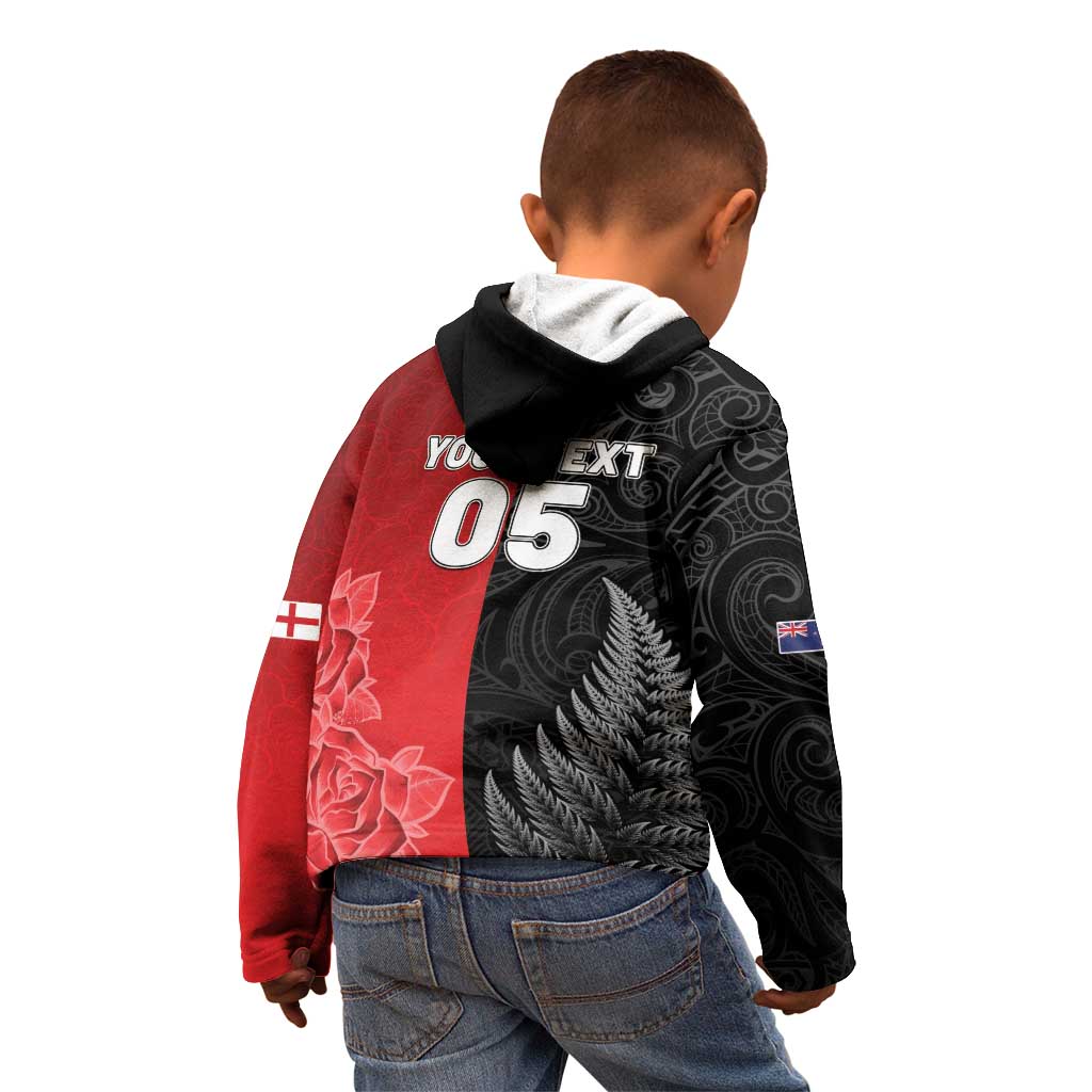 New Zealand And England Rugby Custom Kid Hoodie Red Rose Mix Maori Pattern - Polynesian Pride