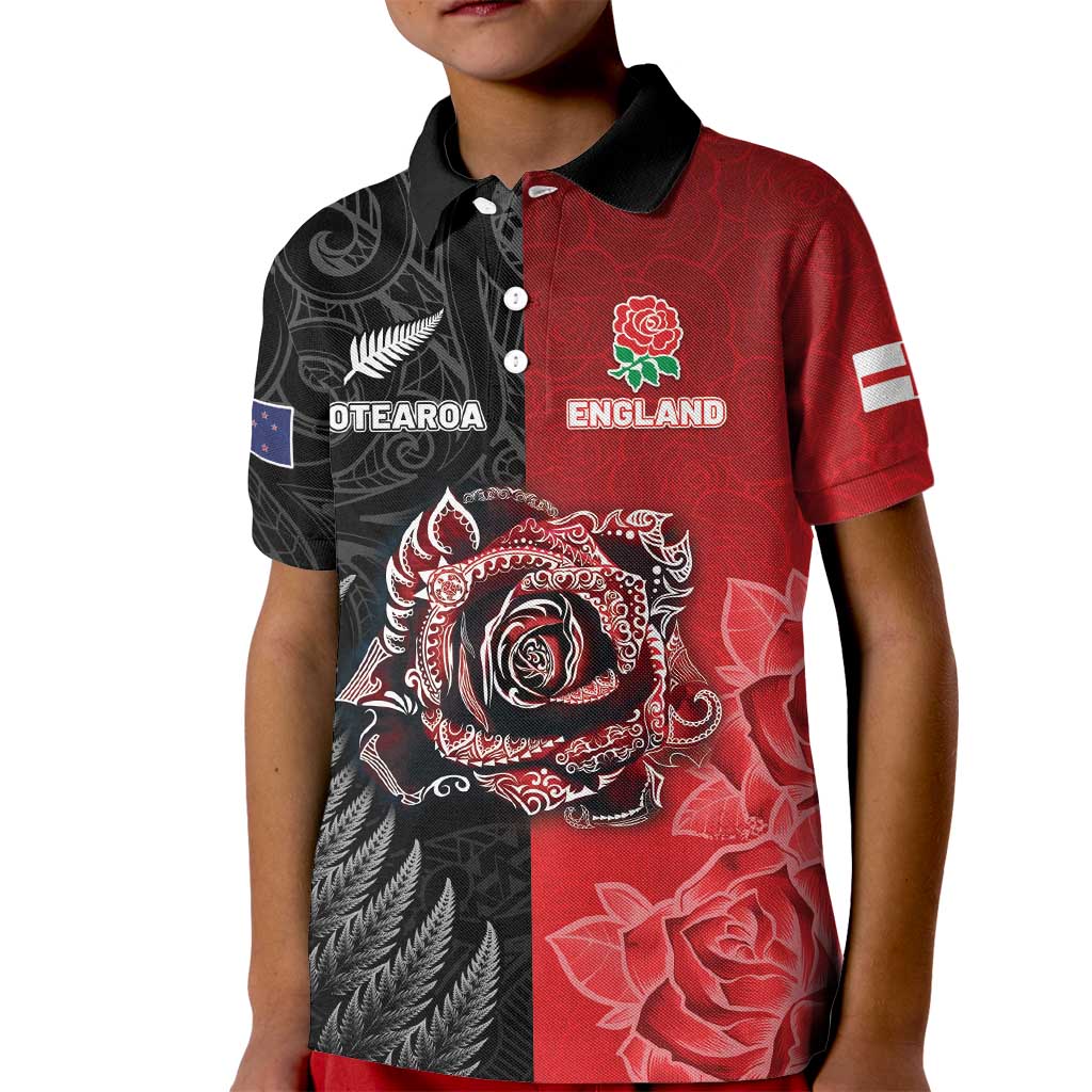 New Zealand And England Rugby Custom Kid Polo Shirt Red Rose Mix Maori Pattern LT05 Kid Black - Polynesian Pride