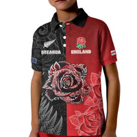 New Zealand And England Rugby Custom Kid Polo Shirt Red Rose Mix Maori Pattern - Polynesian Pride