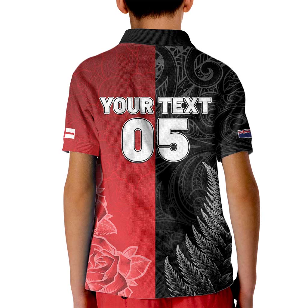 New Zealand And England Rugby Custom Kid Polo Shirt Red Rose Mix Maori Pattern - Polynesian Pride