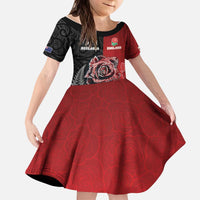 New Zealand And England Rugby Custom Kid Short Sleeve Dress Red Rose Mix Maori Pattern - Polynesian Pride