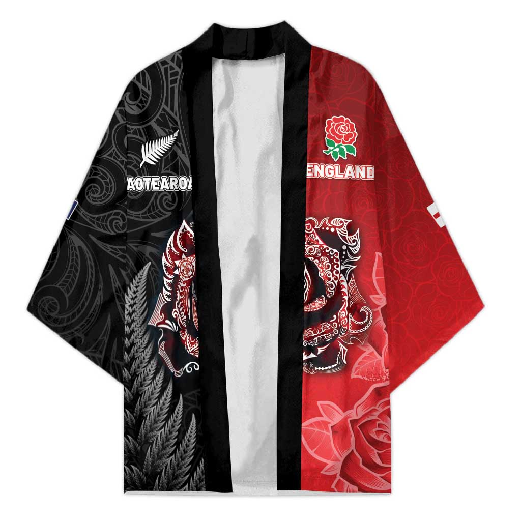 New Zealand And England Rugby Custom Kimono Red Rose Mix Maori Pattern LT05 Unisex Black - Polynesian Pride