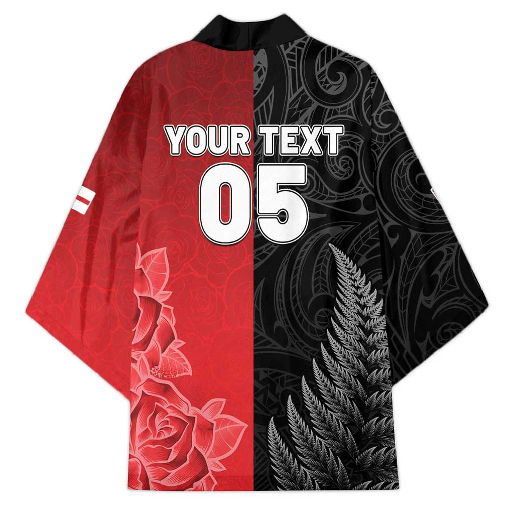 New Zealand And England Rugby Custom Kimono Red Rose Mix Maori Pattern LT05 - Polynesian Pride