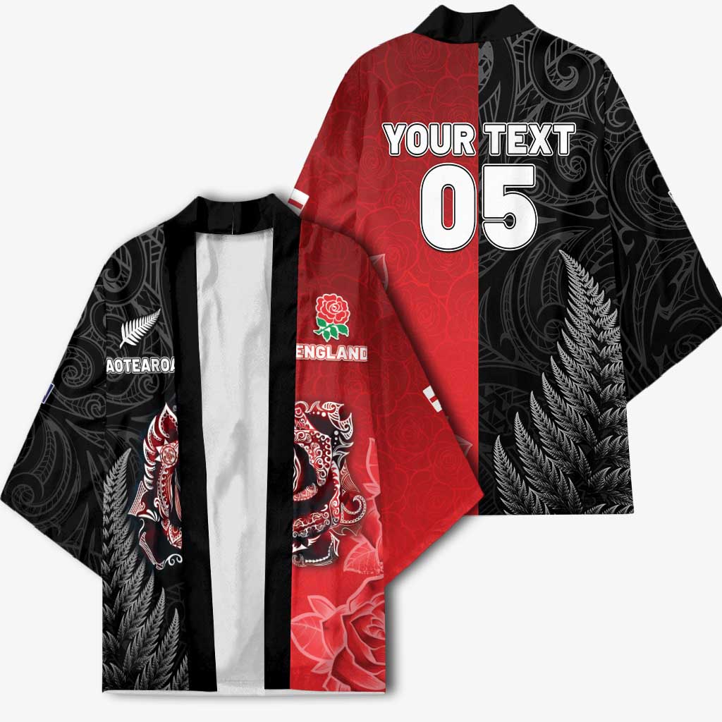 New Zealand And England Rugby Custom Kimono Red Rose Mix Maori Pattern LT05 - Polynesian Pride
