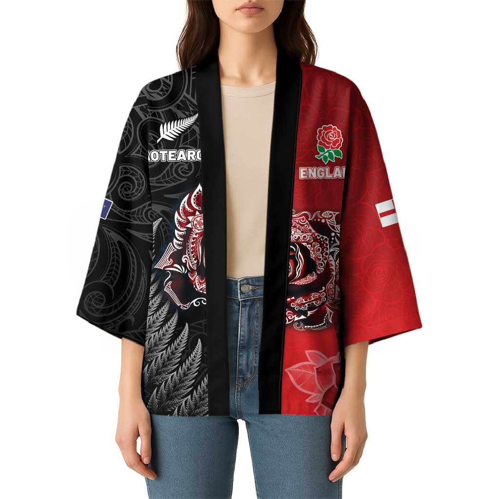 New Zealand And England Rugby Custom Kimono Red Rose Mix Maori Pattern LT05 - Polynesian Pride